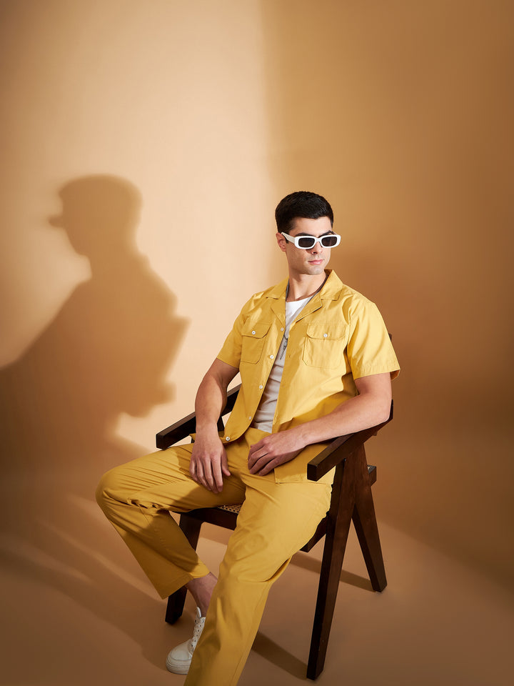 DENNISON Men Yellow Coord Set | Solid Shirt With Straight Fit Pant