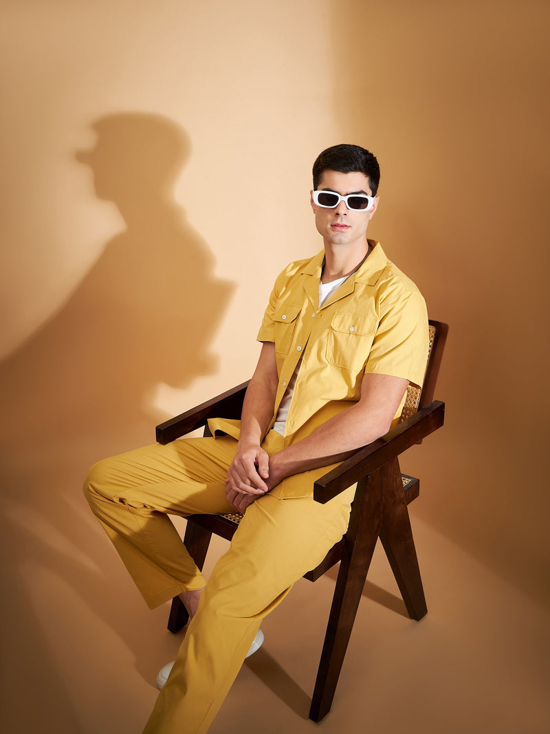 DENNISON Men Yellow Coord Set | Solid Shirt With Straight Fit Pant