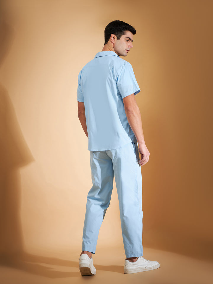 DENNISON Men Sky Blue Coord Set | Solid Shirt With Straight Fit Pant