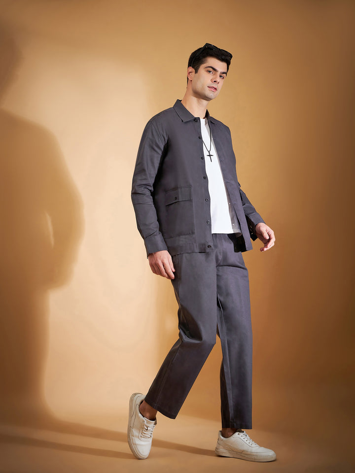 DENNISON Men Grey Coord Set | Solid Shirt With Straight Fit Pant