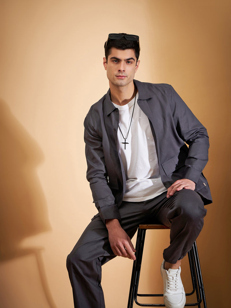 DENNISON Men Grey Coord Set | Solid Shirt With Straight Fit Pant