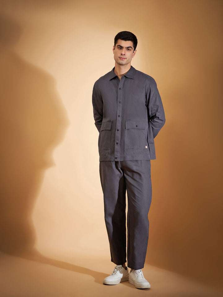 DENNISON Men Grey Coord Set | Solid Shirt With Straight Fit Pant