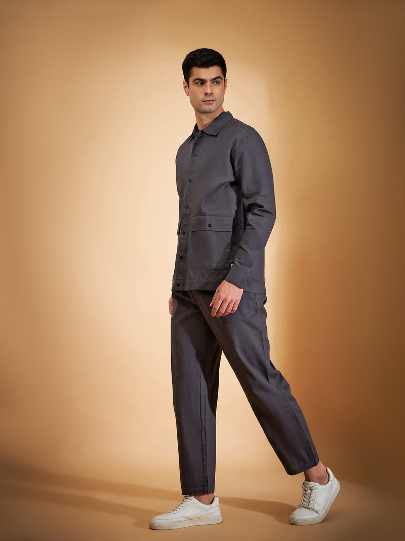 DENNISON Men Grey Coord Set | Solid Shirt With Straight Fit Pant