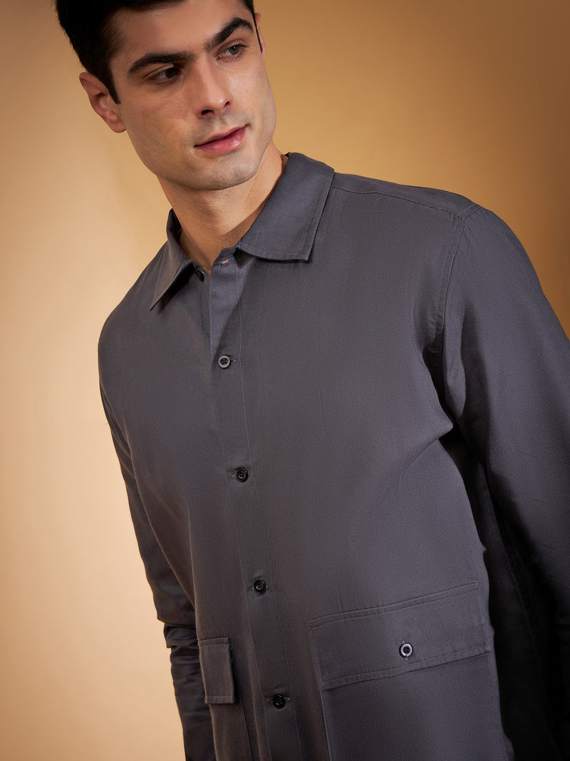 DENNISON Men Grey Coord Set | Solid Shirt With Straight Fit Pant