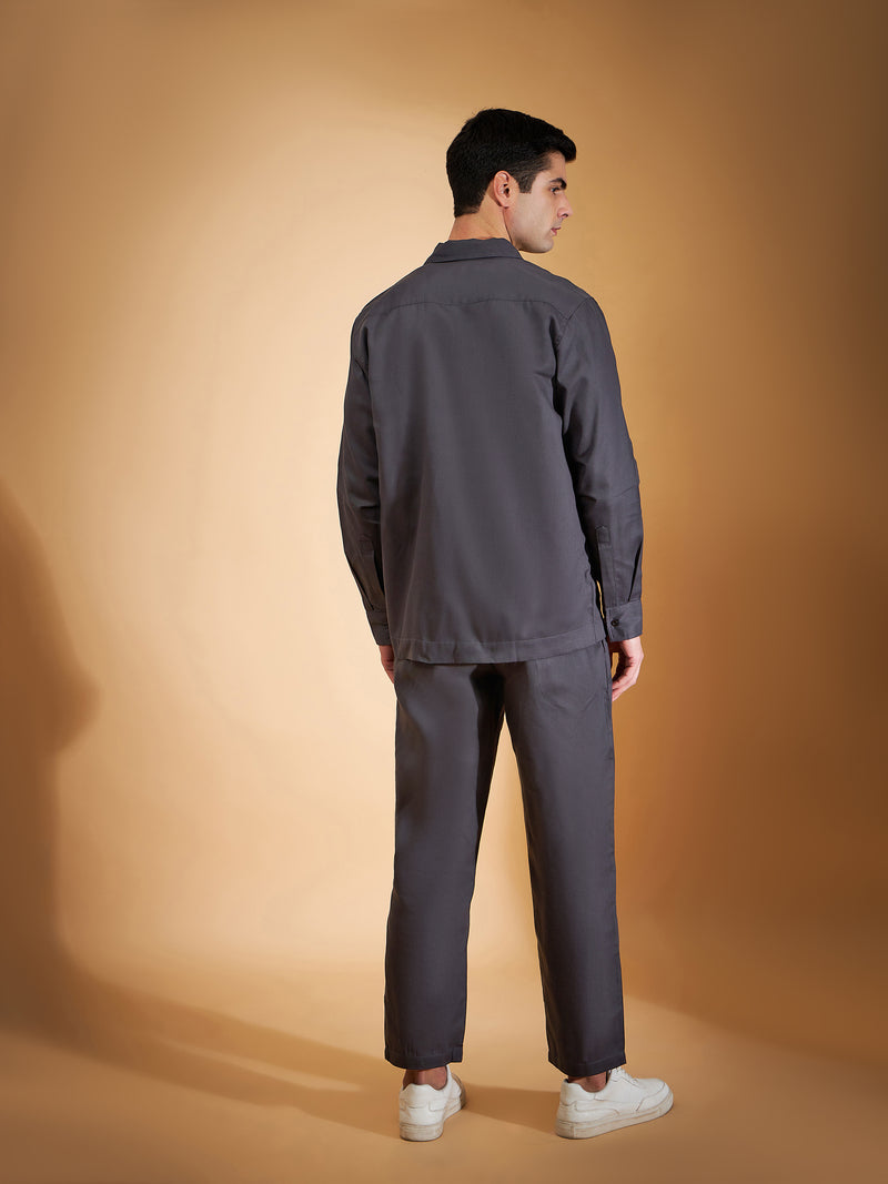 DENNISON Men Grey Coord Set | Solid Shirt With Straight Fit Pant