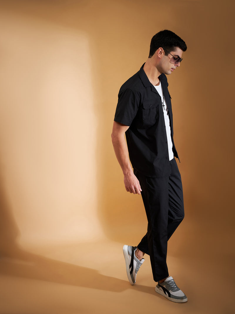 DENNISON Men Black Coord Set | Solid Shirt With Straight Fit Pant