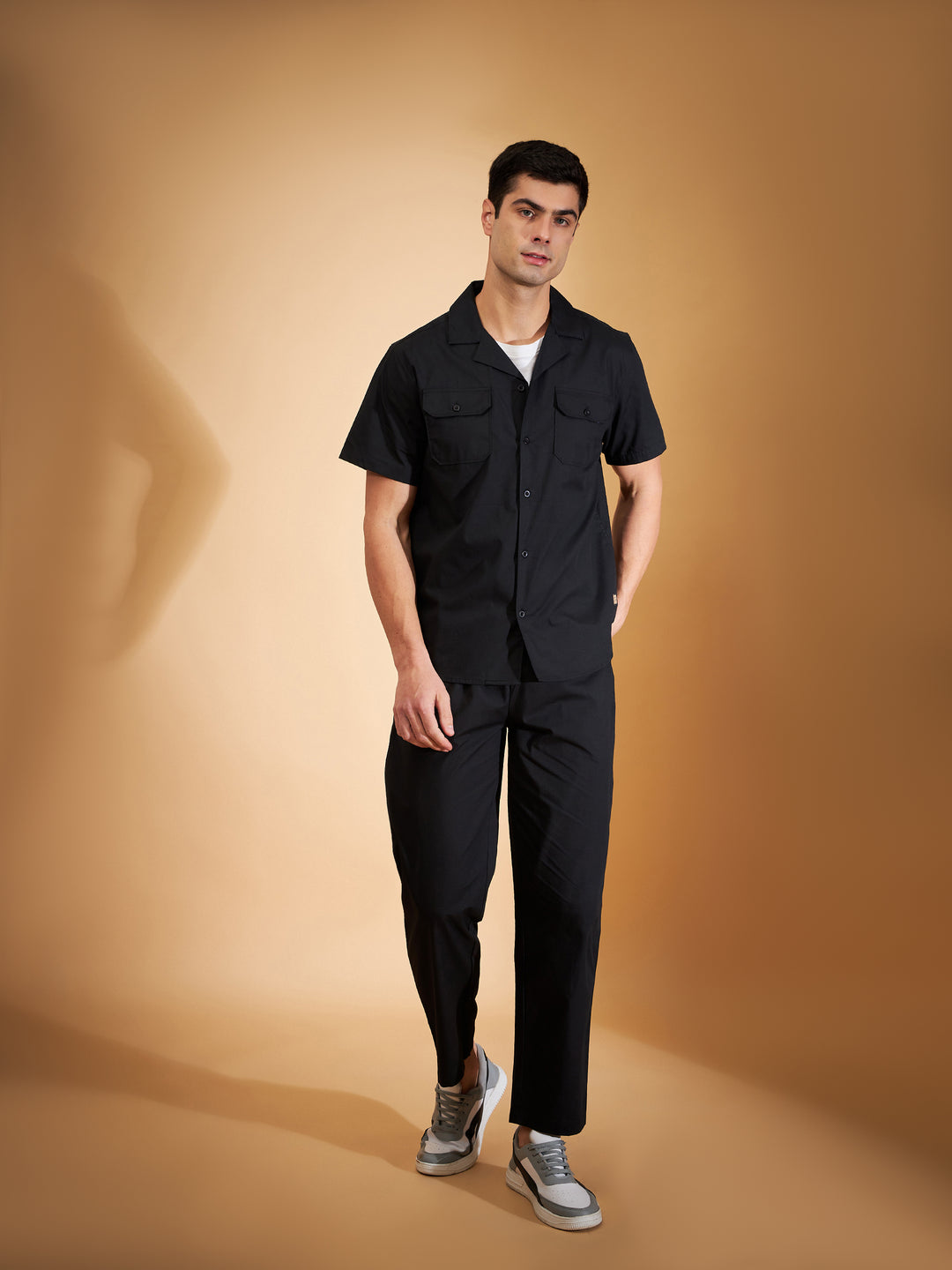 DENNISON Men Black Coord Set | Solid Shirt With Straight Fit Pant