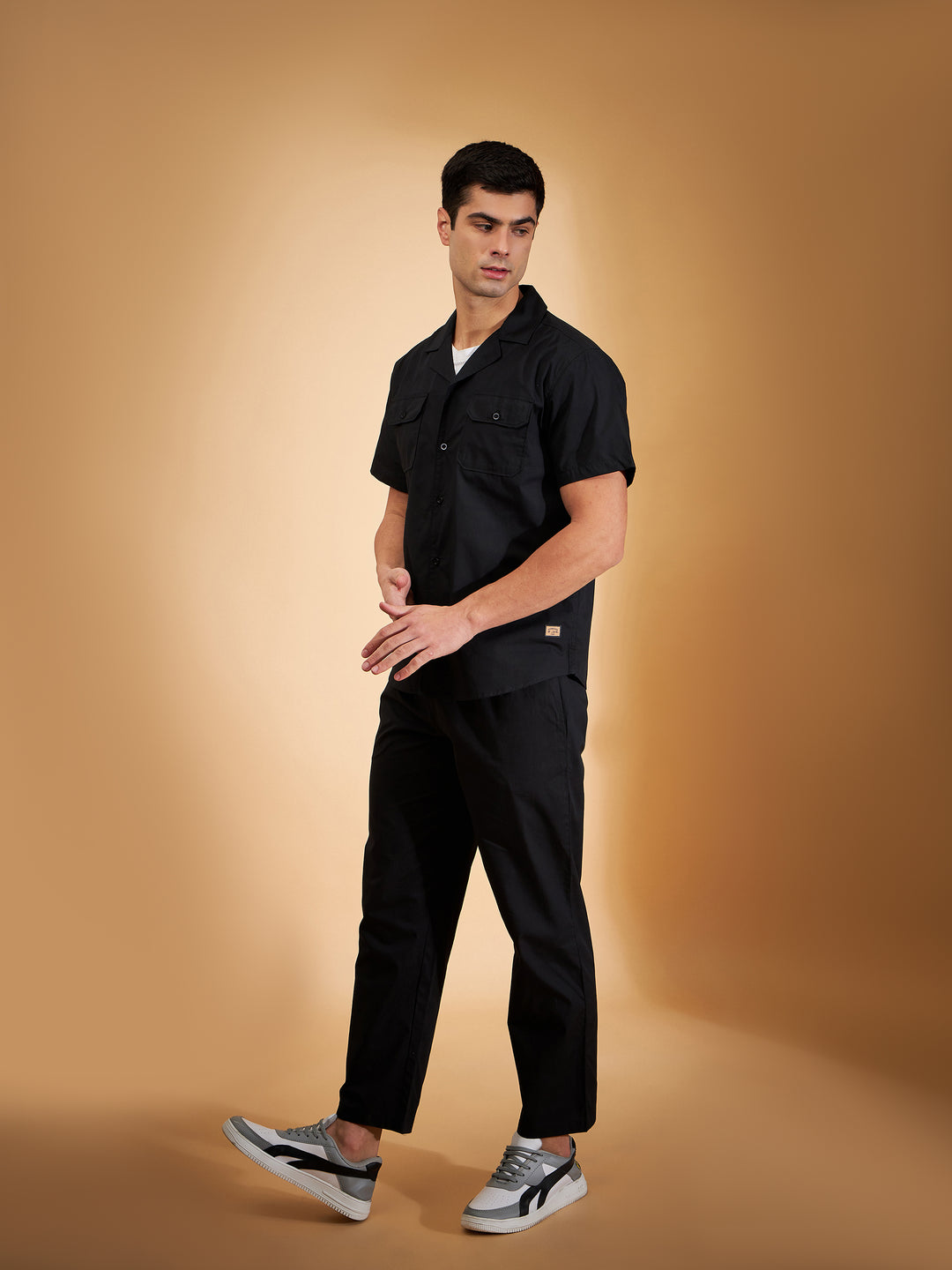 DENNISON Men Black Coord Set | Solid Shirt With Straight Fit Pant