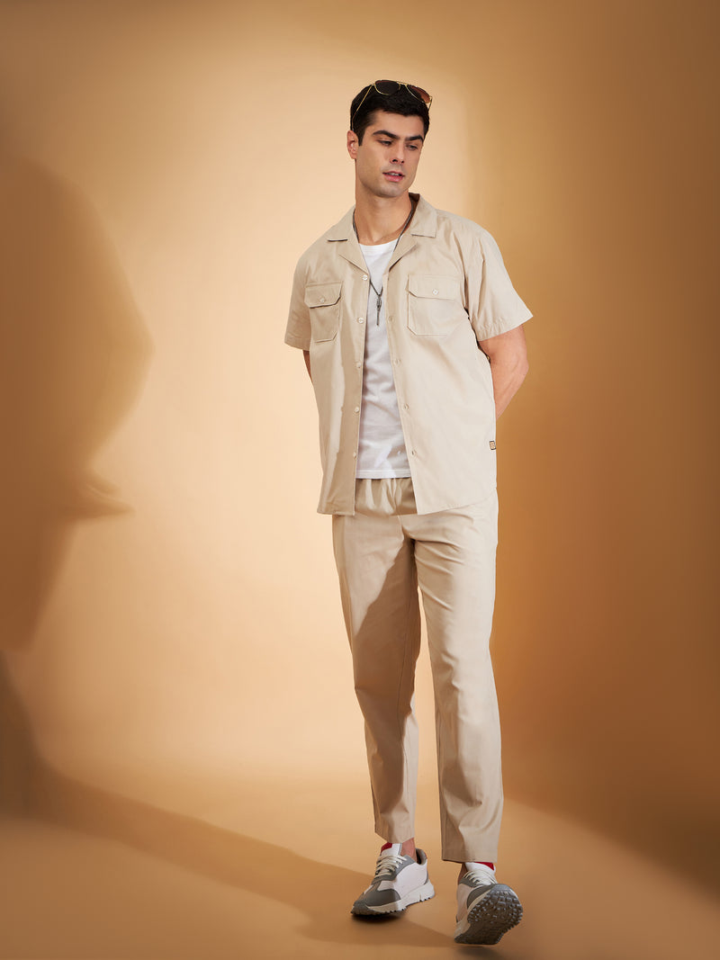 DENNISON Men Beige Coord Set | Solid Shirt With Straight Fit Pant