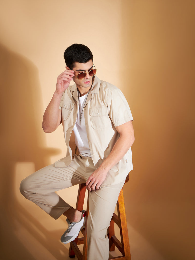 DENNISON Men Beige Coord Set | Solid Shirt With Straight Fit Pant