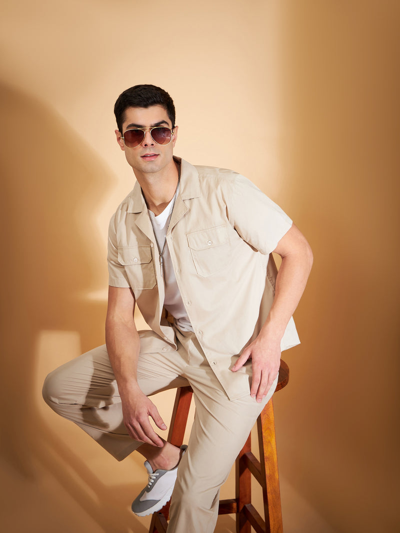 DENNISON Men Beige Coord Set | Solid Shirt With Straight Fit Pant