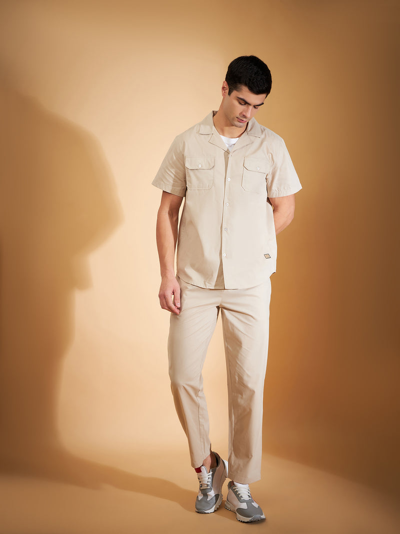 DENNISON Men Beige Coord Set | Solid Shirt With Straight Fit Pant
