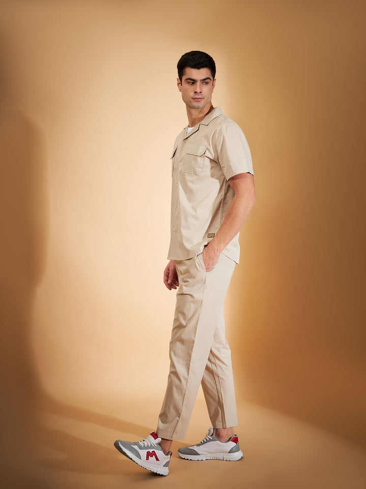 DENNISON Men Beige Coord Set | Solid Shirt With Straight Fit Pant