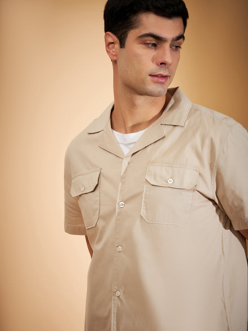 DENNISON Men Beige Coord Set | Solid Shirt With Straight Fit Pant