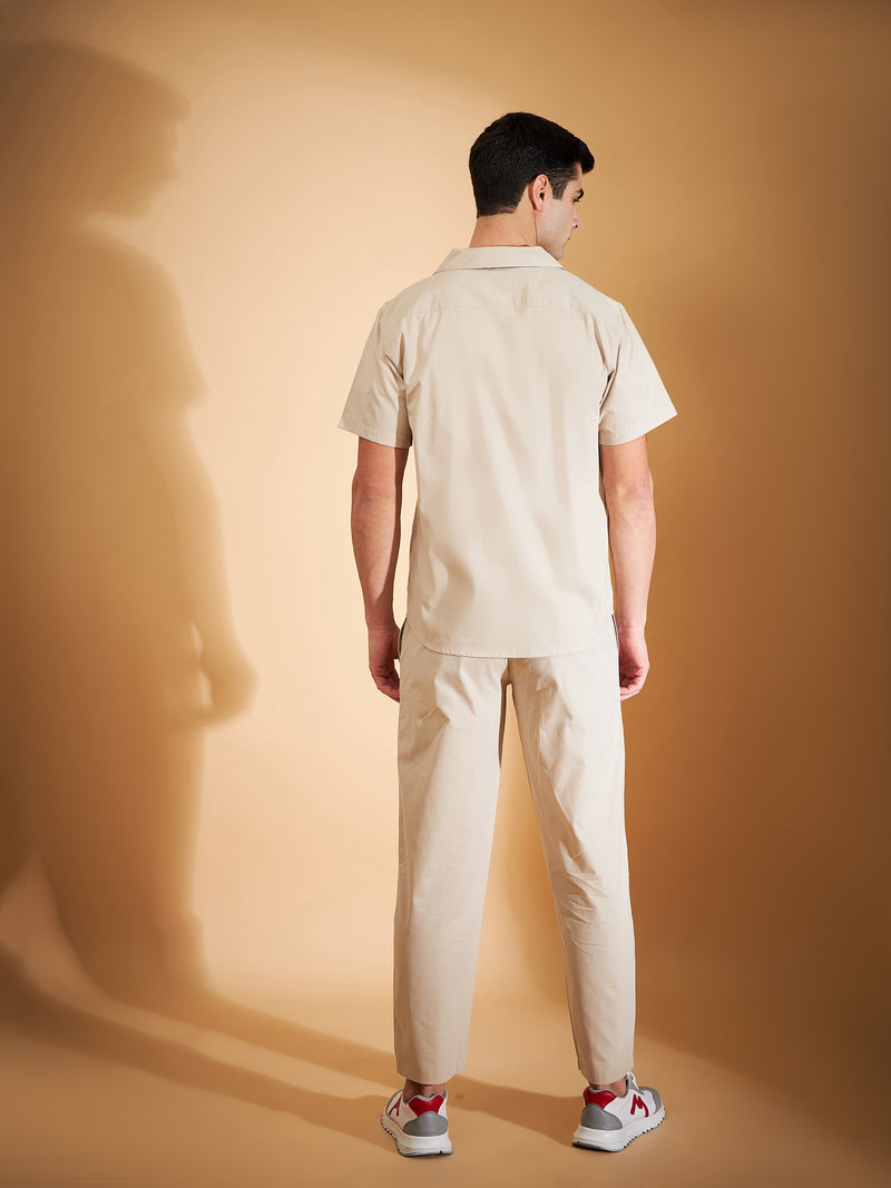 DENNISON Men Beige Coord Set | Solid Shirt With Straight Fit Pant