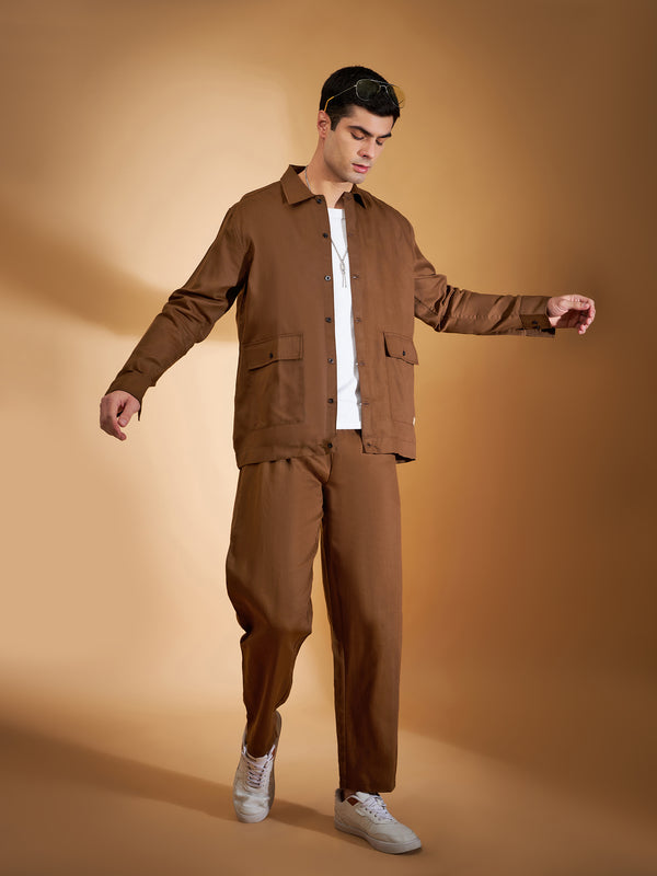 DENNISON Men Brown Coord Set | Solid Shirt With Straight Fit Pant