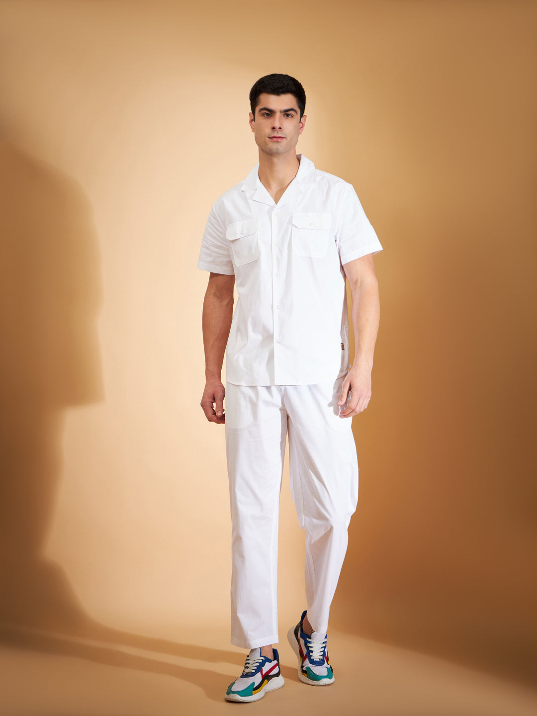 DENNISON Men White Coord Set | Solid Shirt With Straight Fit Pant
