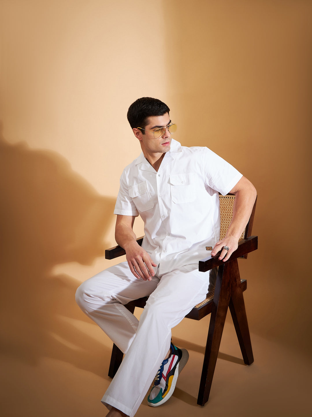 DENNISON Men White Coord Set | Solid Shirt With Straight Fit Pant