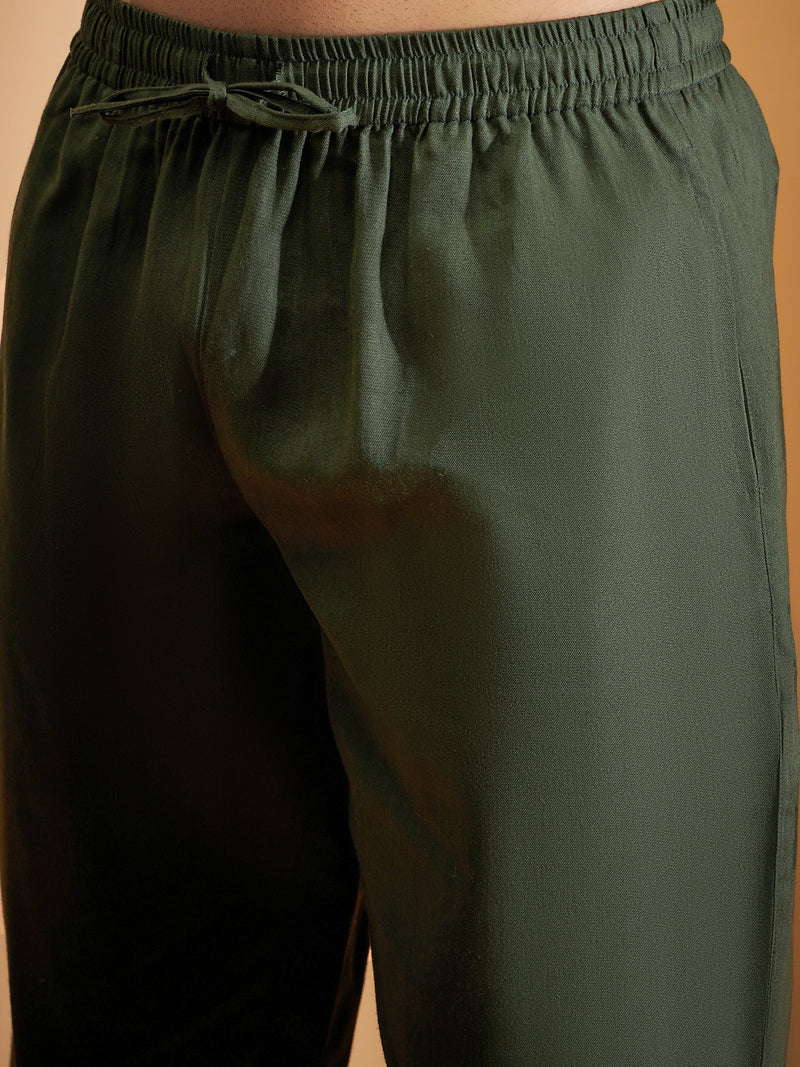 DENNISON Men Olive Coord Set | Solid Shirt With Straight Fit Pant