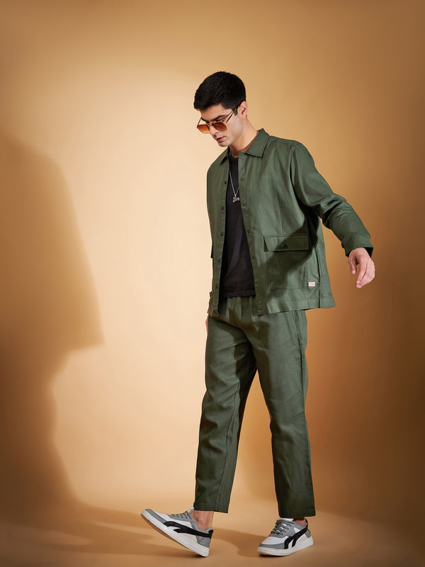 DENNISON Men Olive Coord Set | Solid Shirt With Straight Fit Pant