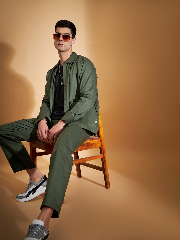 DENNISON Men Olive Coord Set | Solid Shirt With Straight Fit Pant
