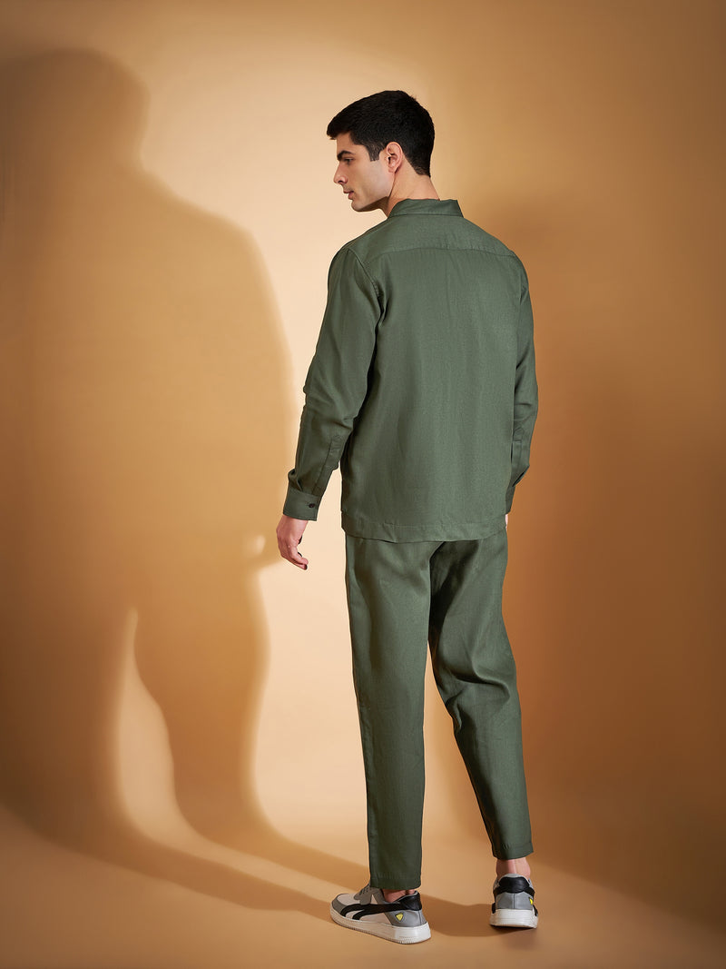 DENNISON Men Olive Coord Set | Solid Shirt With Straight Fit Pant