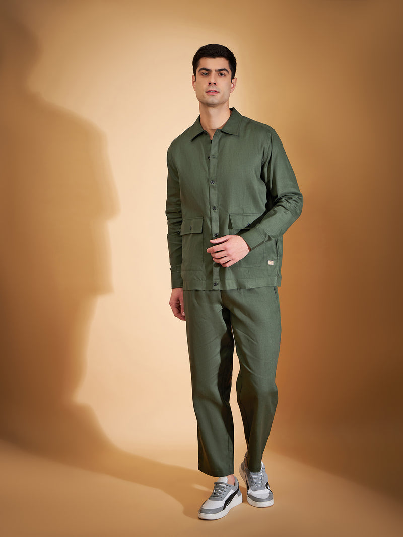 DENNISON Men Olive Coord Set | Solid Shirt With Straight Fit Pant