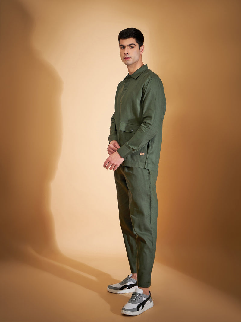 DENNISON Men Olive Coord Set | Solid Shirt With Straight Fit Pant