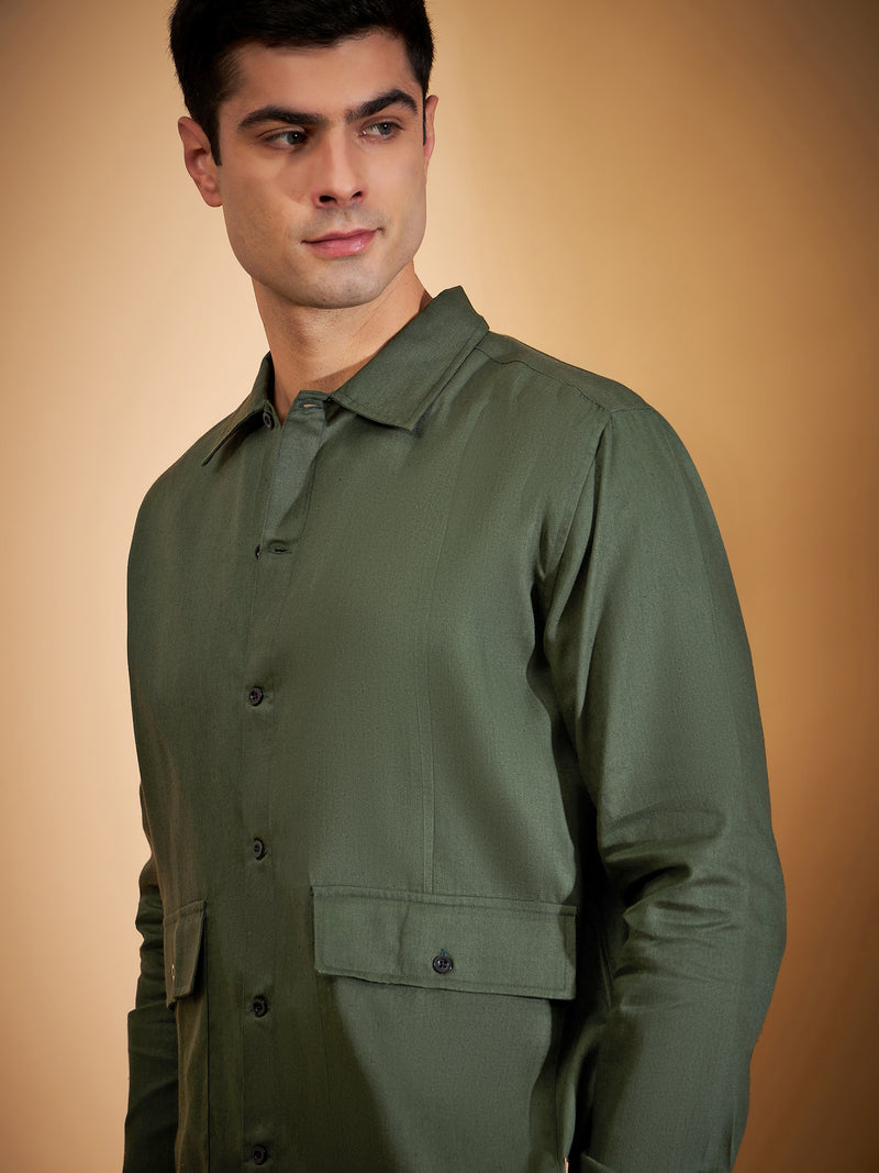 DENNISON Men Olive Coord Set | Solid Shirt With Straight Fit Pant