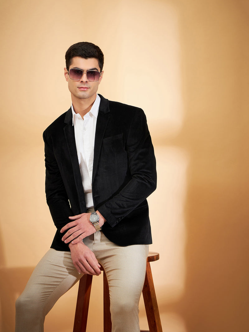 DENNISON Men Black Single-Breasted Velvet Blazer