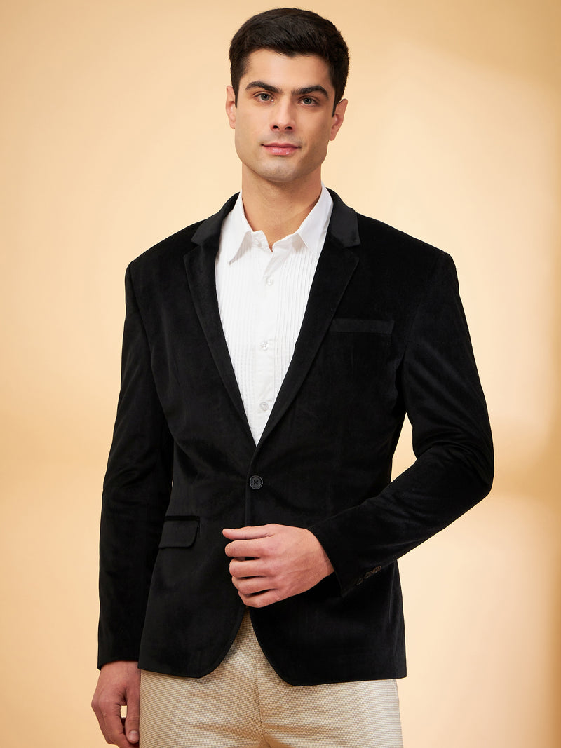 DENNISON Men Black Single-Breasted Velvet Blazer