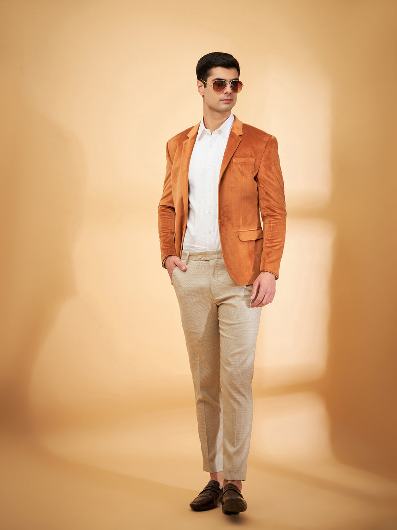 DENNISON Men Rust Single-Breasted Velvet Blazer