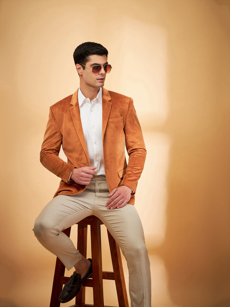 DENNISON Men Rust Single-Breasted Velvet Blazer