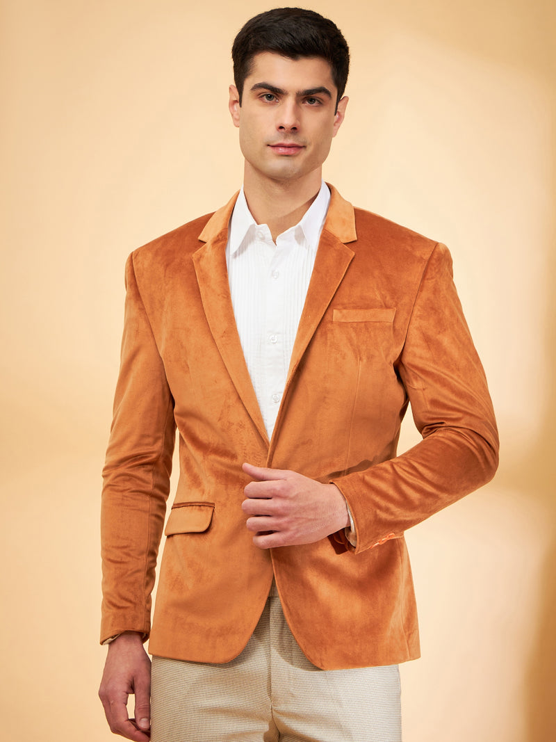 DENNISON Men Rust Single-Breasted Velvet Blazer