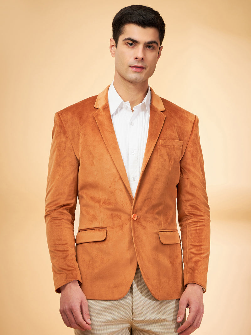 DENNISON Men Rust Single-Breasted Velvet Blazer