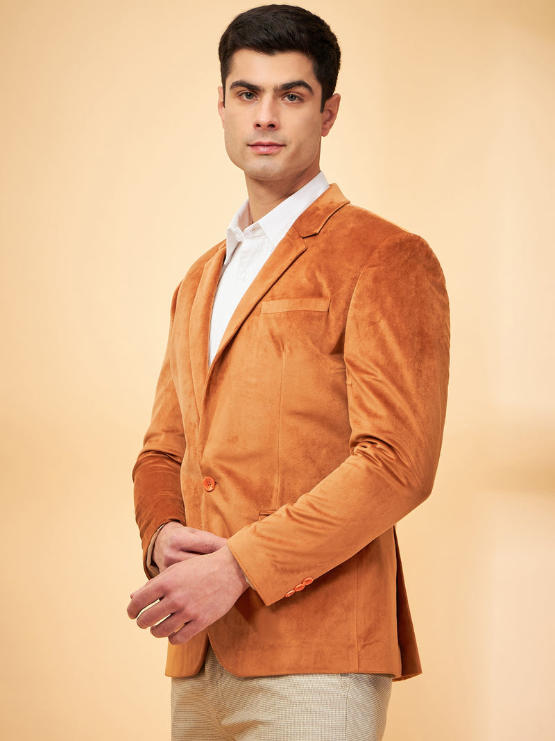 DENNISON Men Rust Single-Breasted Velvet Blazer