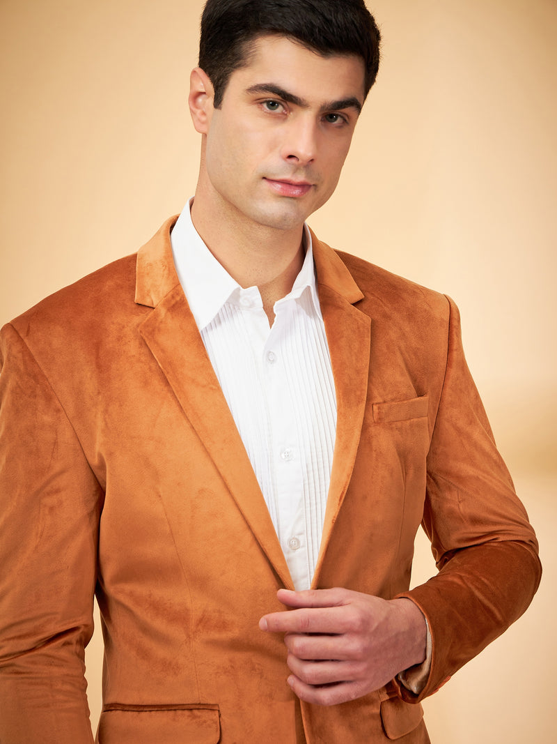 DENNISON Men Rust Single-Breasted Velvet Blazer