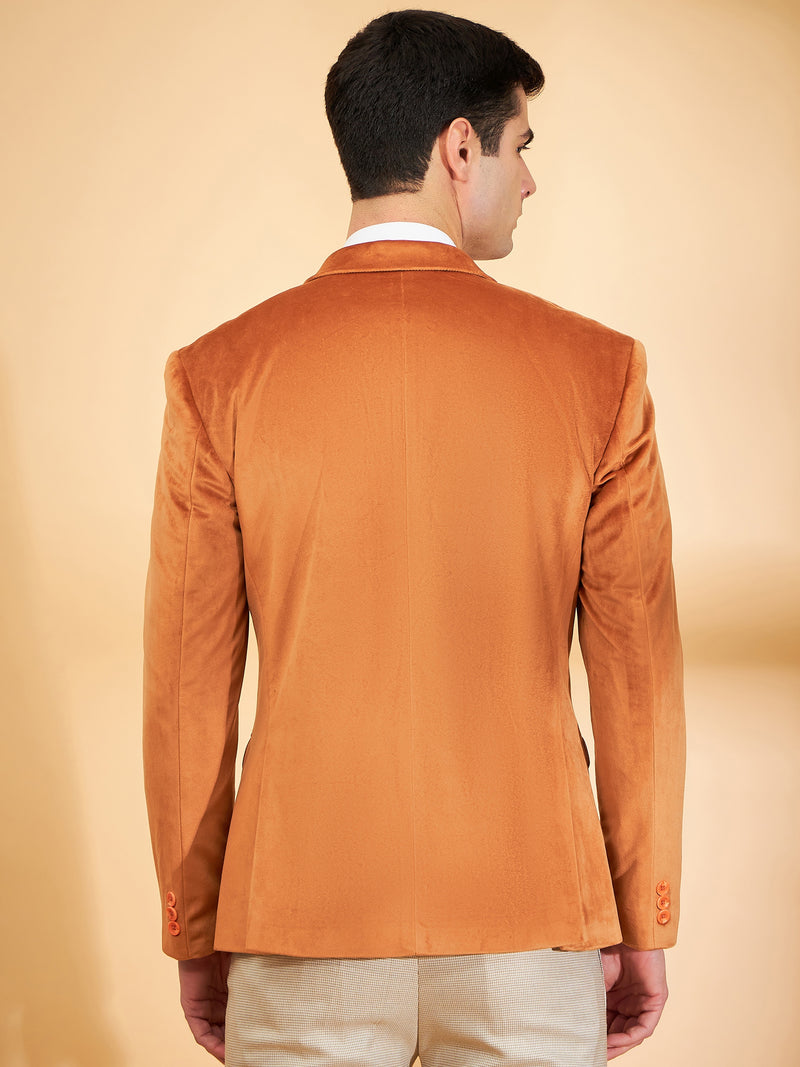 DENNISON Men Rust Single-Breasted Velvet Blazer