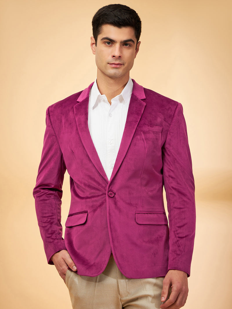 DENNISON Men Maroon Single-Breasted Velvet Blazer