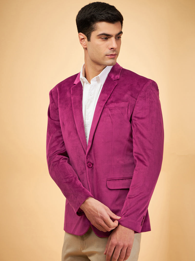 DENNISON Men Maroon Single-Breasted Velvet Blazer