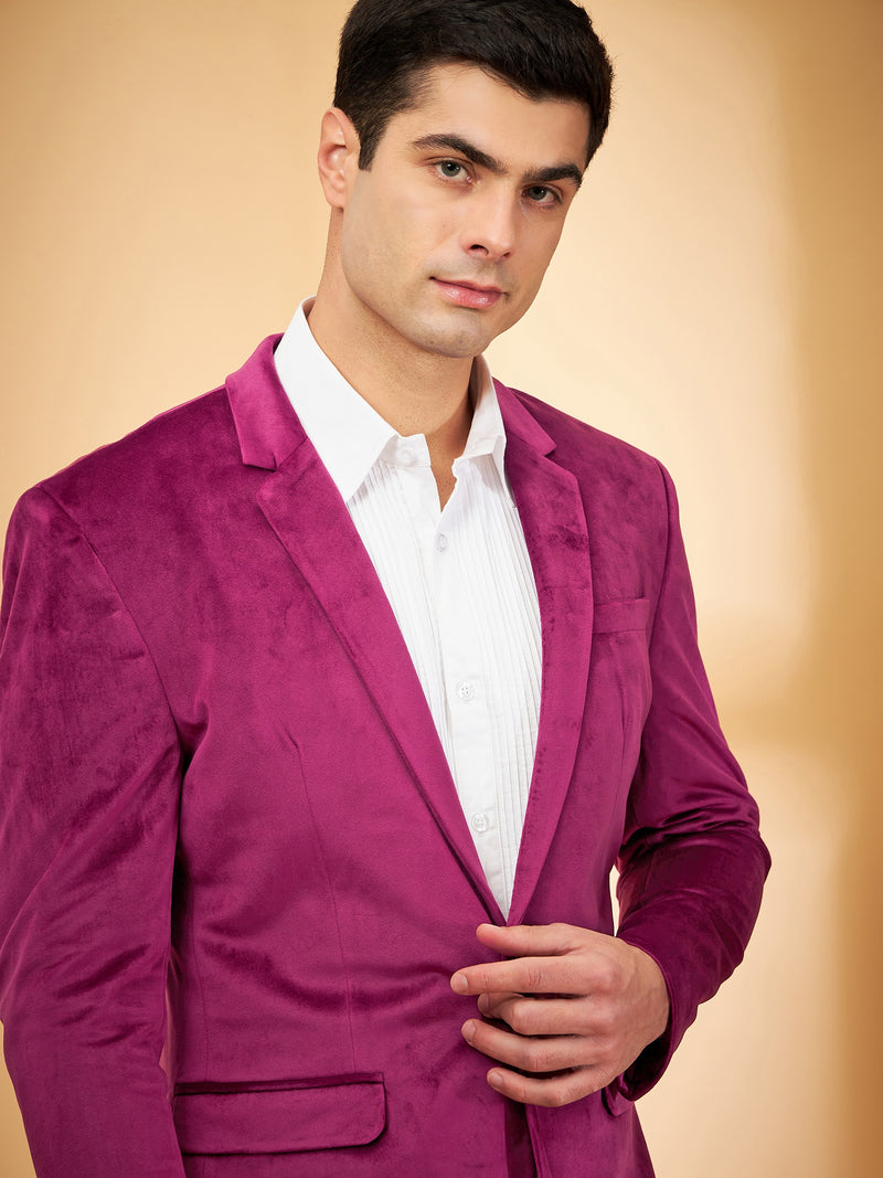 DENNISON Men Maroon Single-Breasted Velvet Blazer