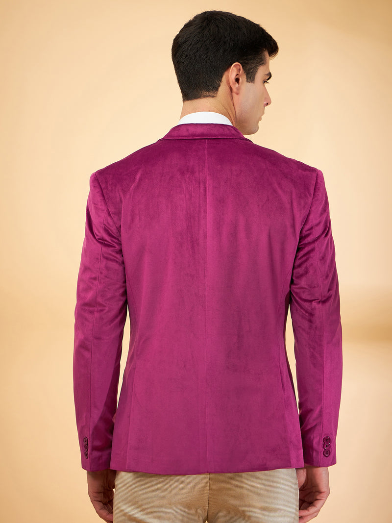 DENNISON Men Maroon Single-Breasted Velvet Blazer