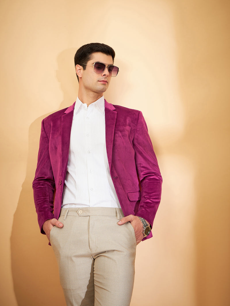 DENNISON Men Maroon Single-Breasted Velvet Blazer
