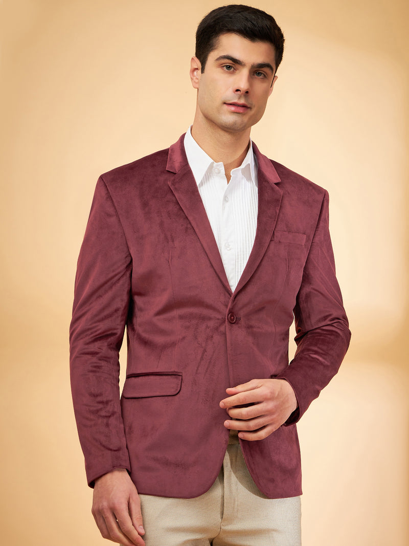 DENNISON Men Wine Single-Breasted Velvet Blazer
