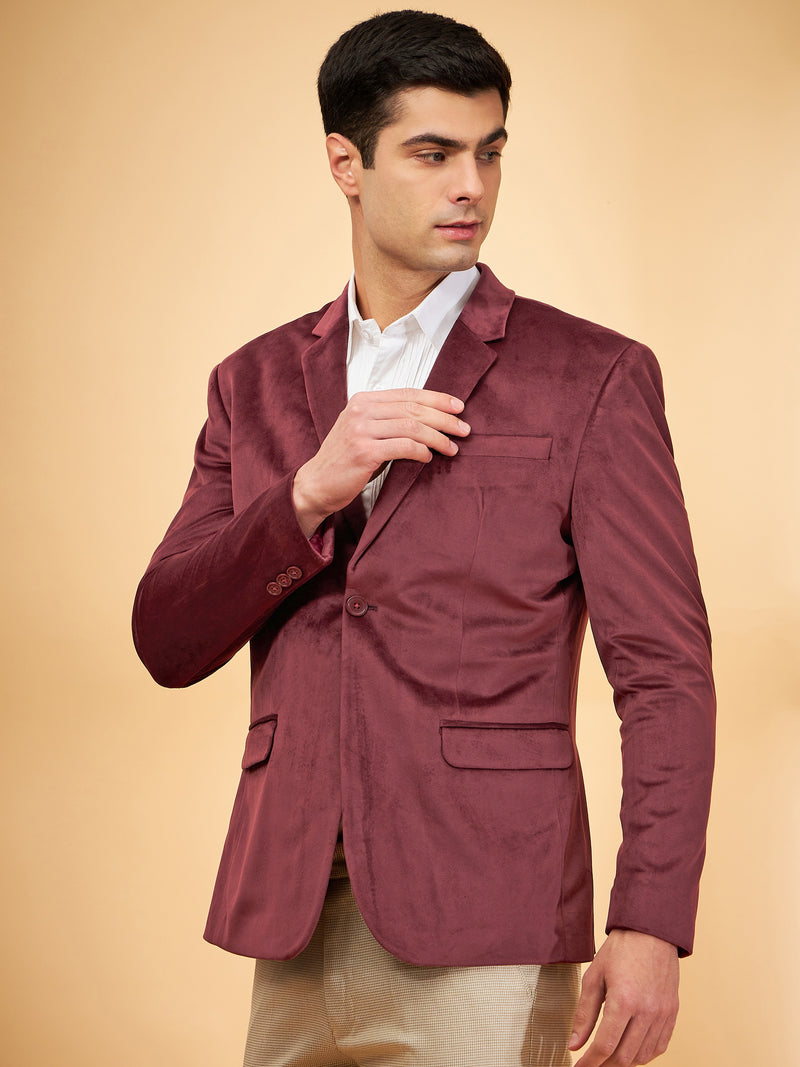 DENNISON Men Wine Single-Breasted Velvet Blazer