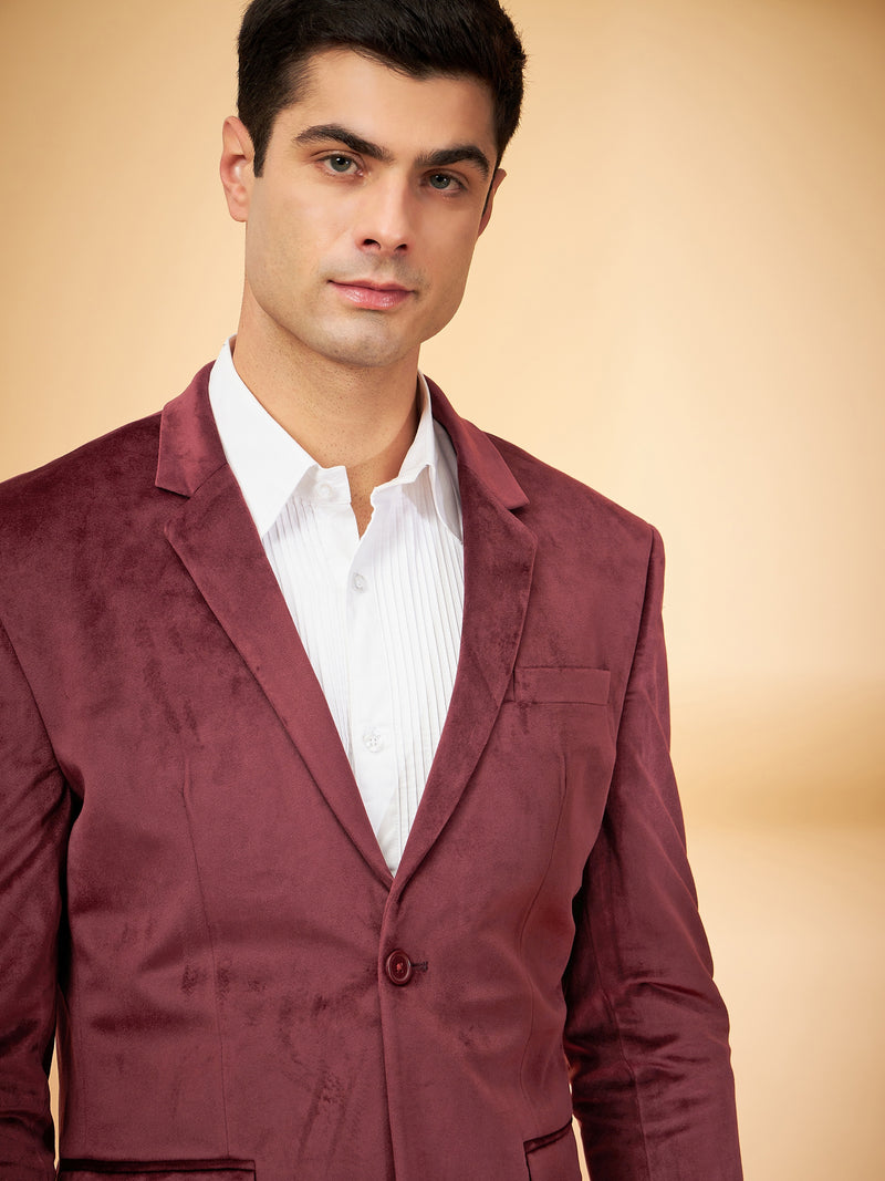 DENNISON Men Wine Single-Breasted Velvet Blazer