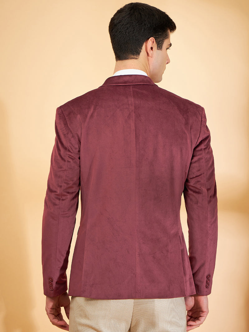 DENNISON Men Wine Single-Breasted Velvet Blazer