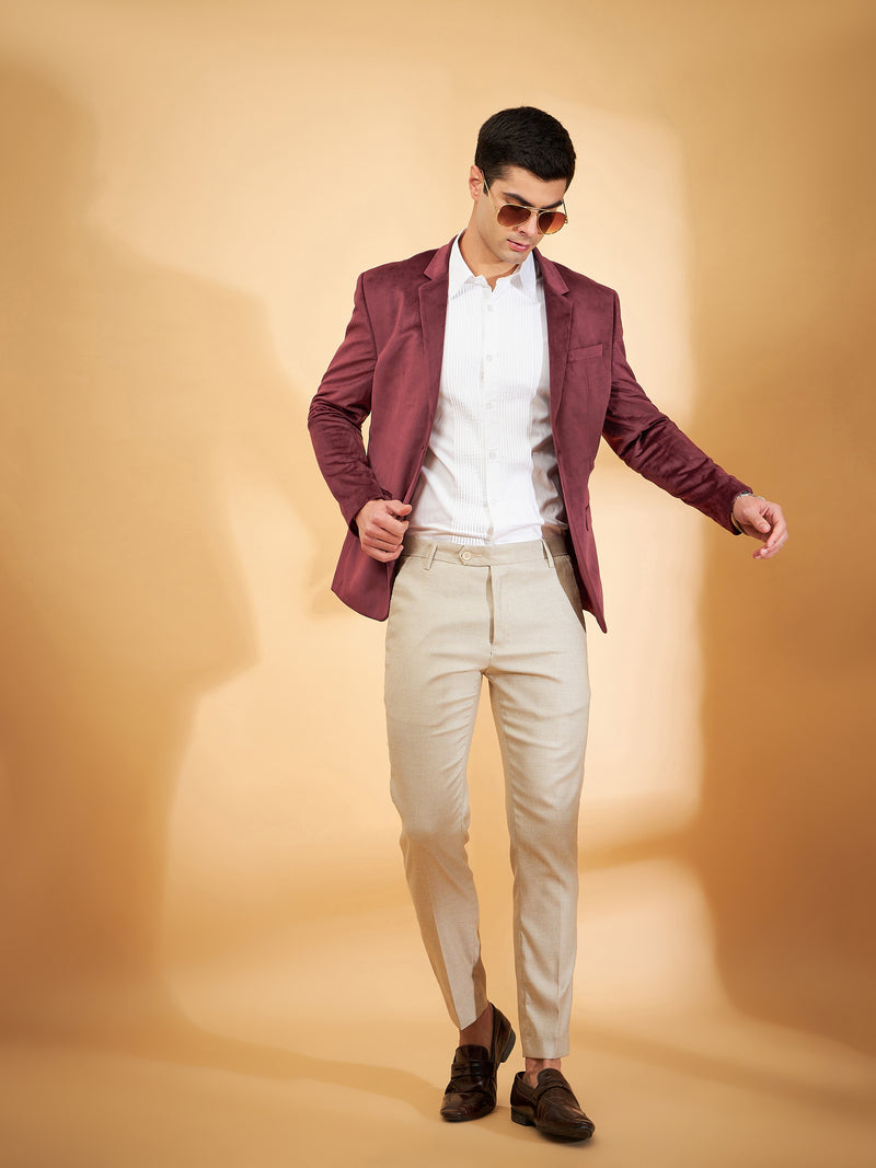 DENNISON Men Wine Single-Breasted Velvet Blazer