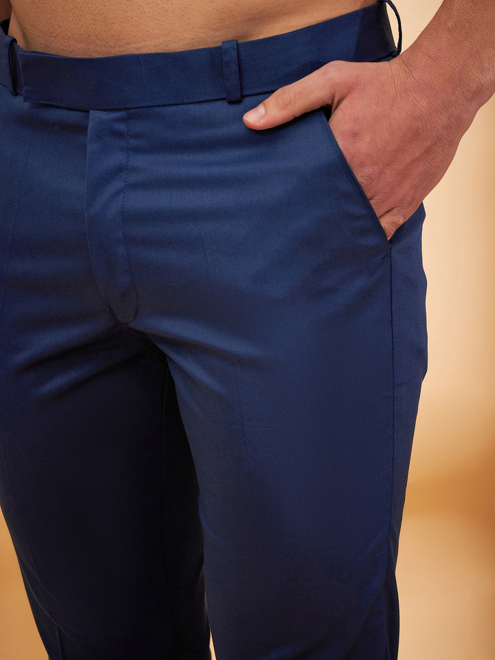 Men Navy Blue Comfort Tapered Fit Regular Wrinkle Free Trousers