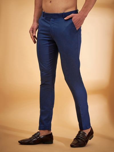 Men Navy Blue Comfort Tapered Fit Regular Wrinkle Free Trousers
